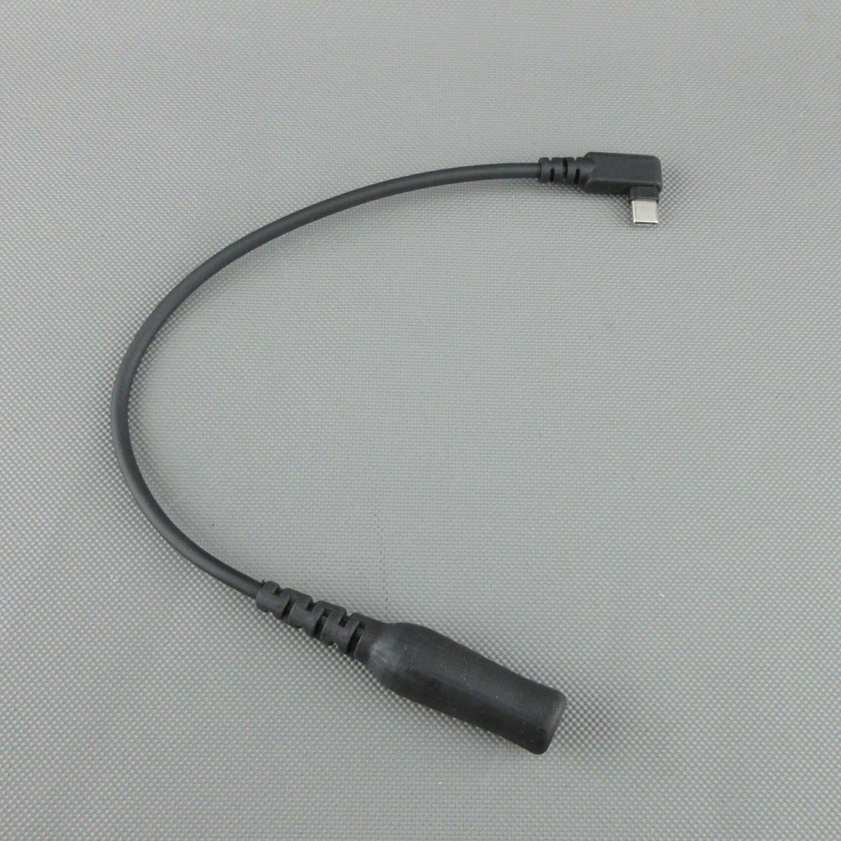 Adapter cable with an angled USB-C plug on one end and a TP-120 jack socket (Nexus® / Amphenol® compatible) on the other for connecting tactical audio headsets.